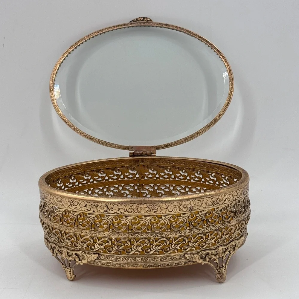 Vintage Ormolu Filigree Jewelry Casket Glass Vanity Box Hollywood Regency